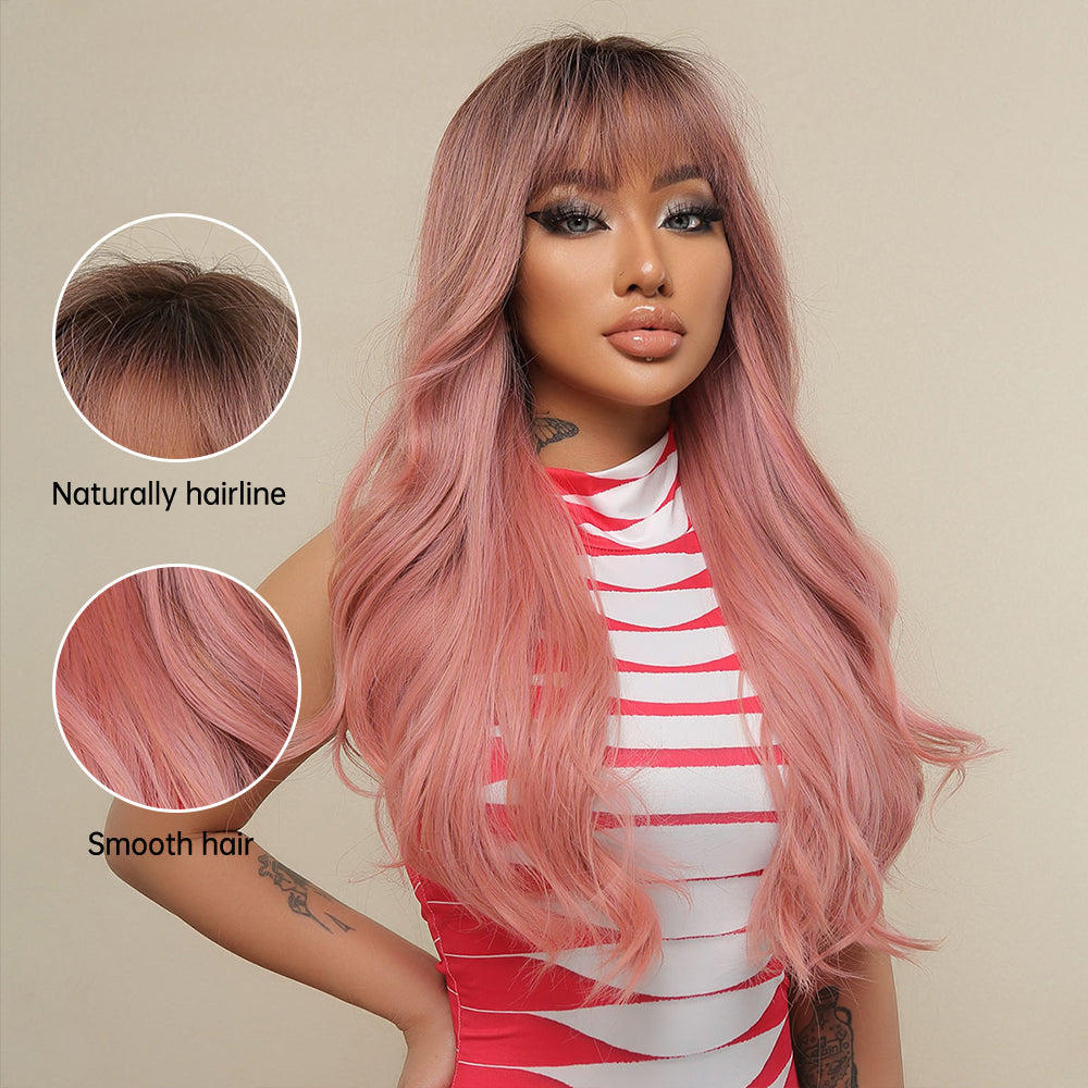 LC6018 Long curly wigs black ombre pink with bangs wigs for women for daily life