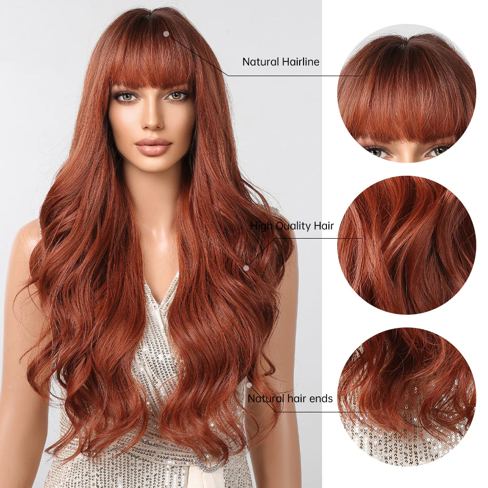 LC2097-2 30 Inch brown long curly wigs with bangs wigs for women