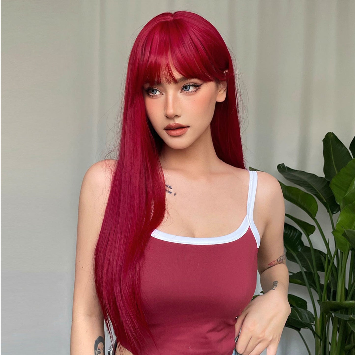 WL1084-1 18 Inch long straight wigs red with bangs wigs for women