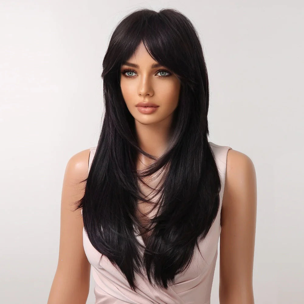 LC2068-8 22 Inches Long Straight Black Wigs Layered Wigs Synthetic Wigs for Women for Daily or Cosplay Use