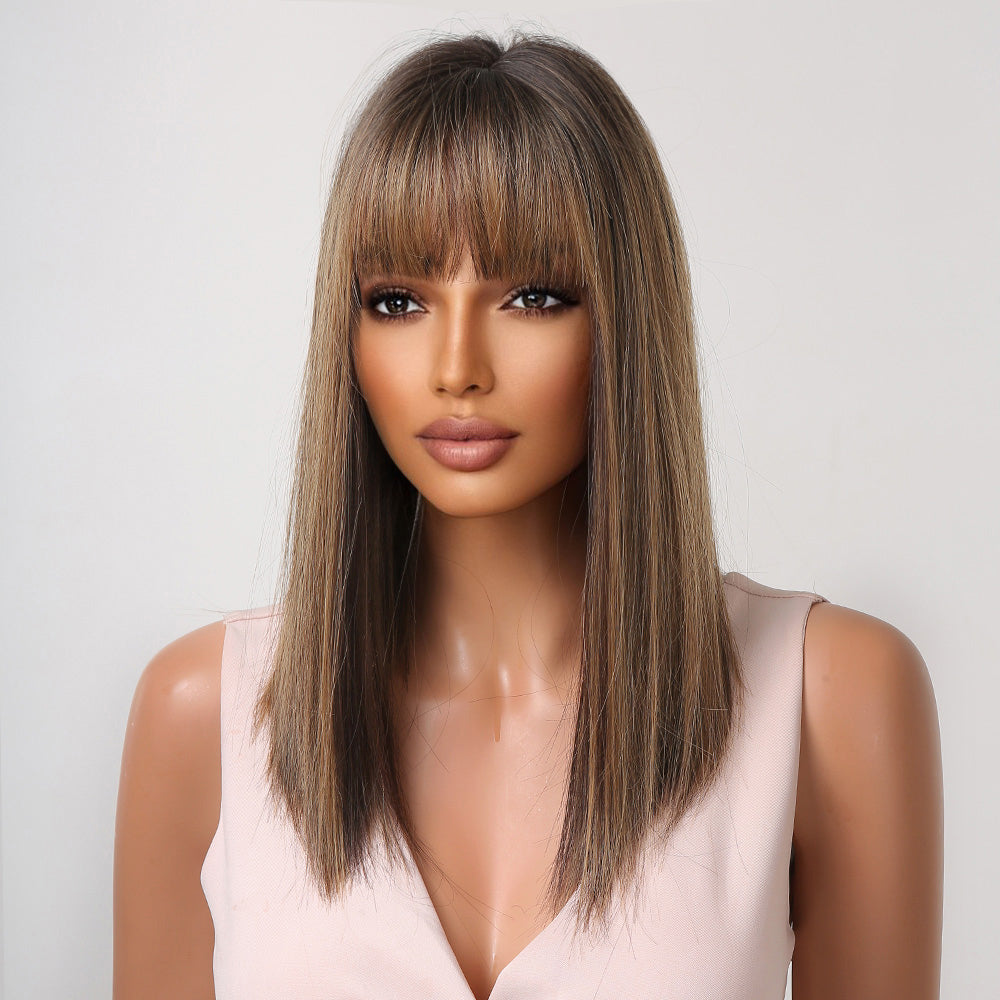 LC5225-1 16 inch Long straight black ombre blonde wigs with bangs wigs for women for daily life
