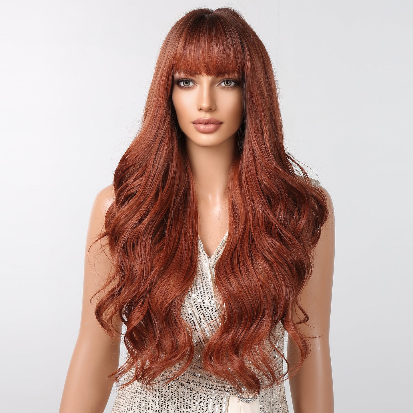LC2097-2 30 Inch brown long curly wigs with bangs wigs for women