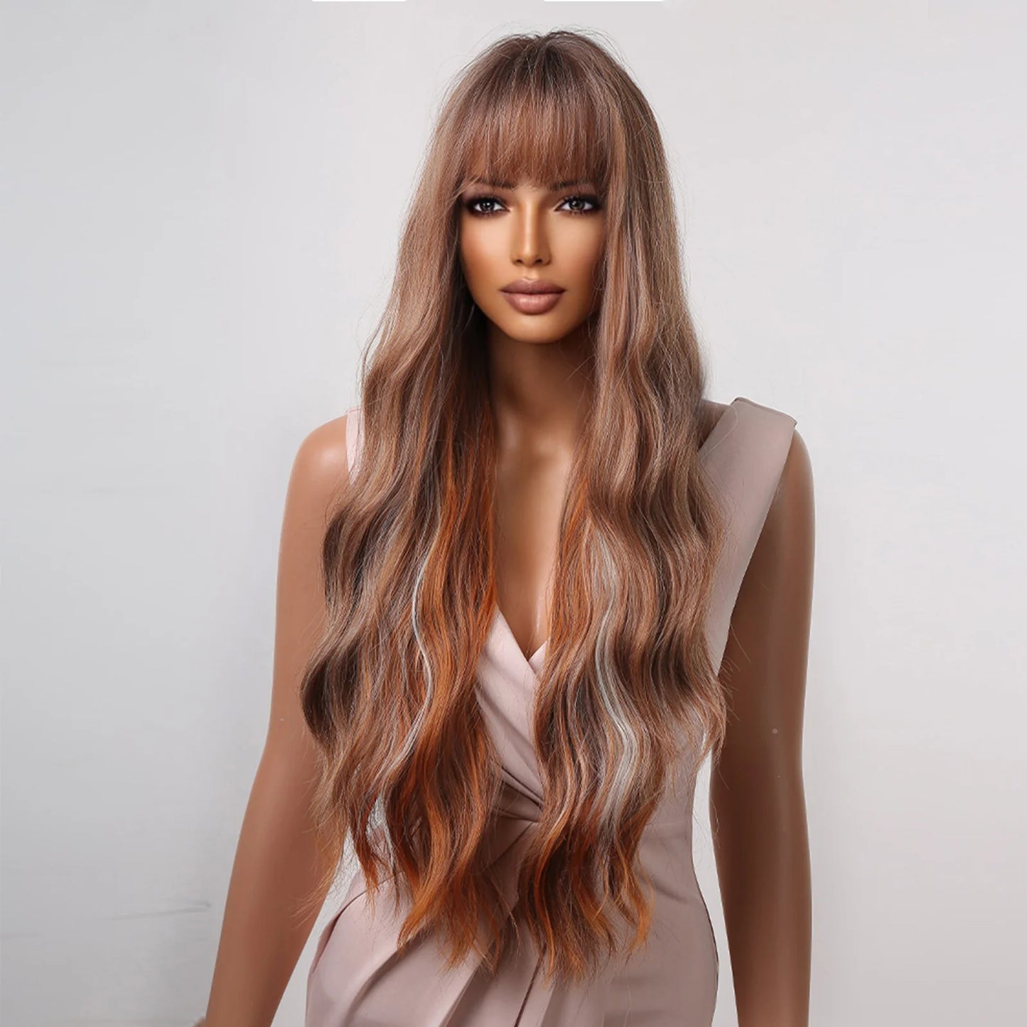 LC2059-1 30 inch Long Brown Mixed Gray Wavy Wig for Women