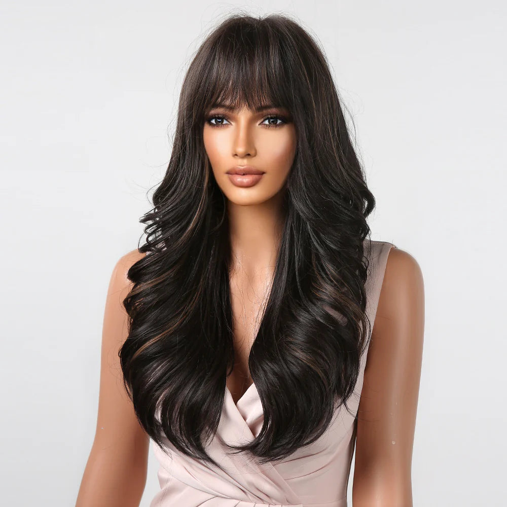 LC2090-1 26 Inches Long Curly BlackWigs with Bangs Synthetic Wigs Women's Wigs for Daily or Cosplay Use