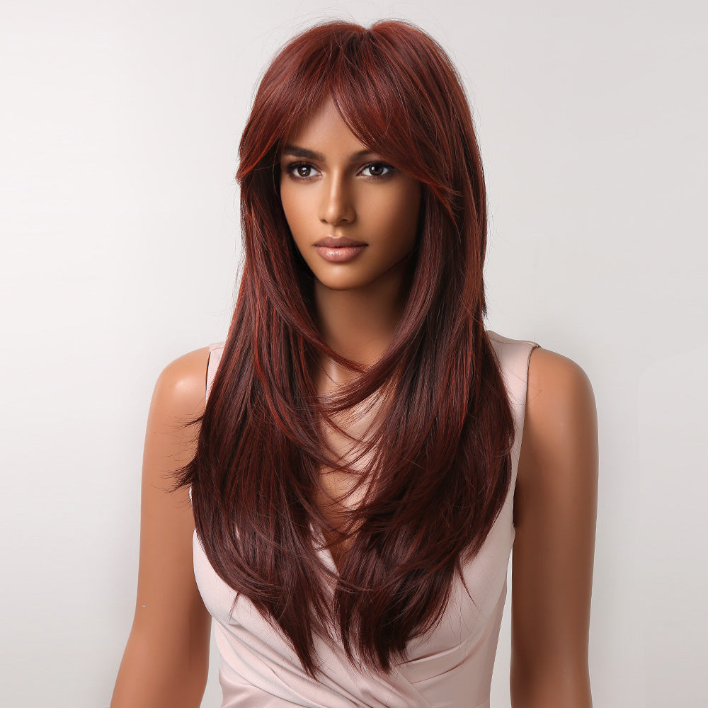 LC2068-3 22 Inch-long red straight wigs with bangs wigs for women