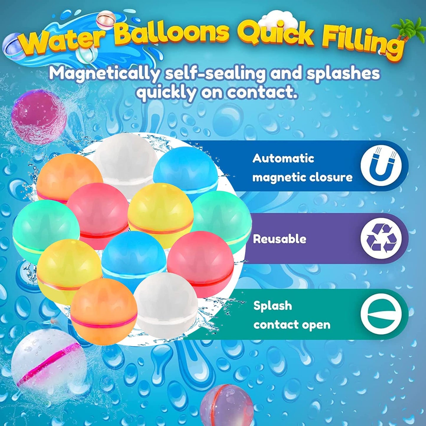 Reusable Water Balloons, Self-Sealing Refillable Water Balloons, Soft Silicone Magnetic Water Balloons, Reusable Water Bomb for Water Fight Game, Water Park, Summer Party (Multicolor - 24PC)