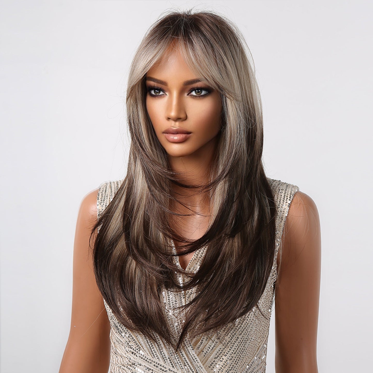 LC2068-11 22 Inches Long Straight Ivory Ombre Black Layered Wigs Synthetic Wigs for Women for Daily or Cosplay Use