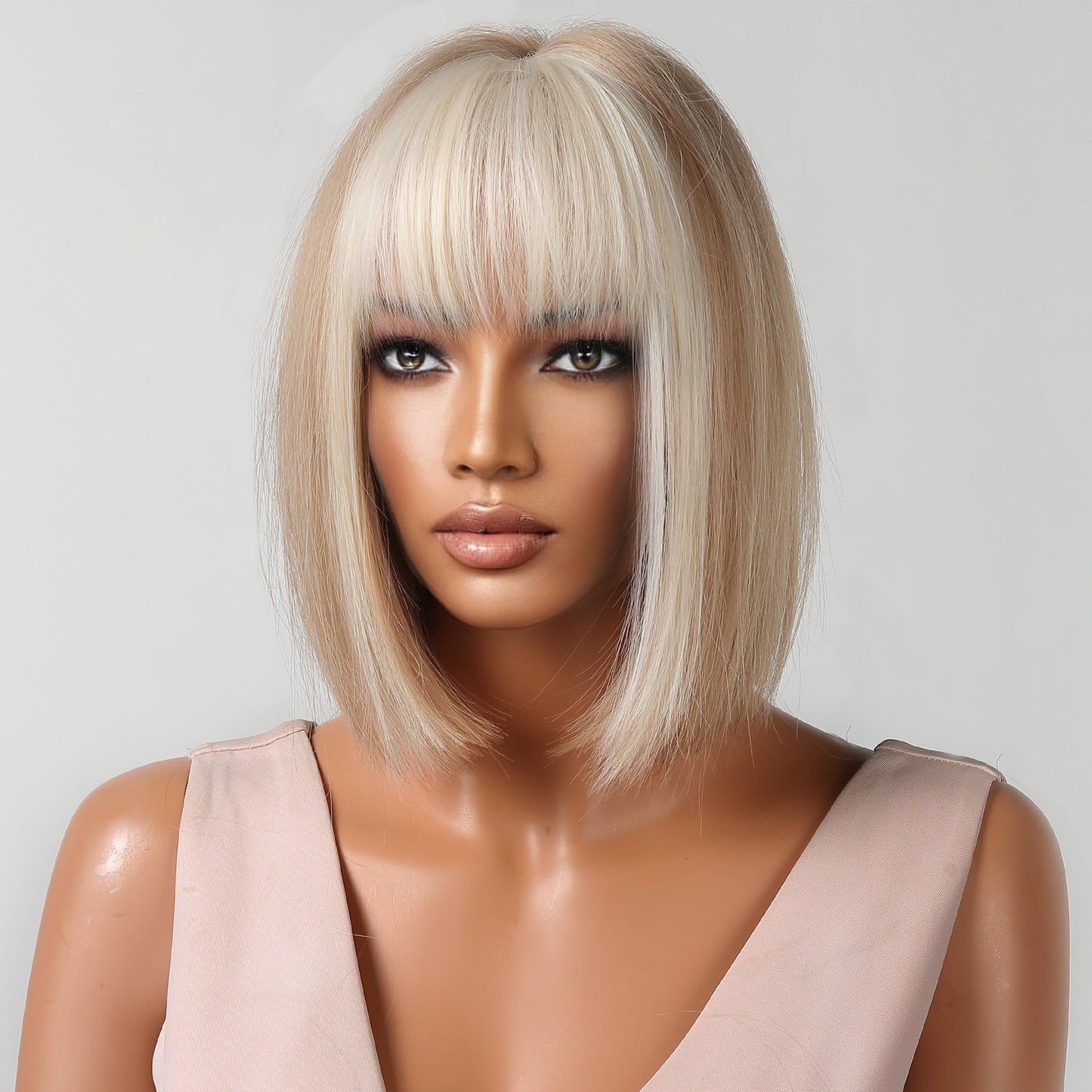 LC2080-10 12 Inches Short Straight Blonde Bobo Wigs with Ivory Bangs Synthetic Wigs for Women Daily Use