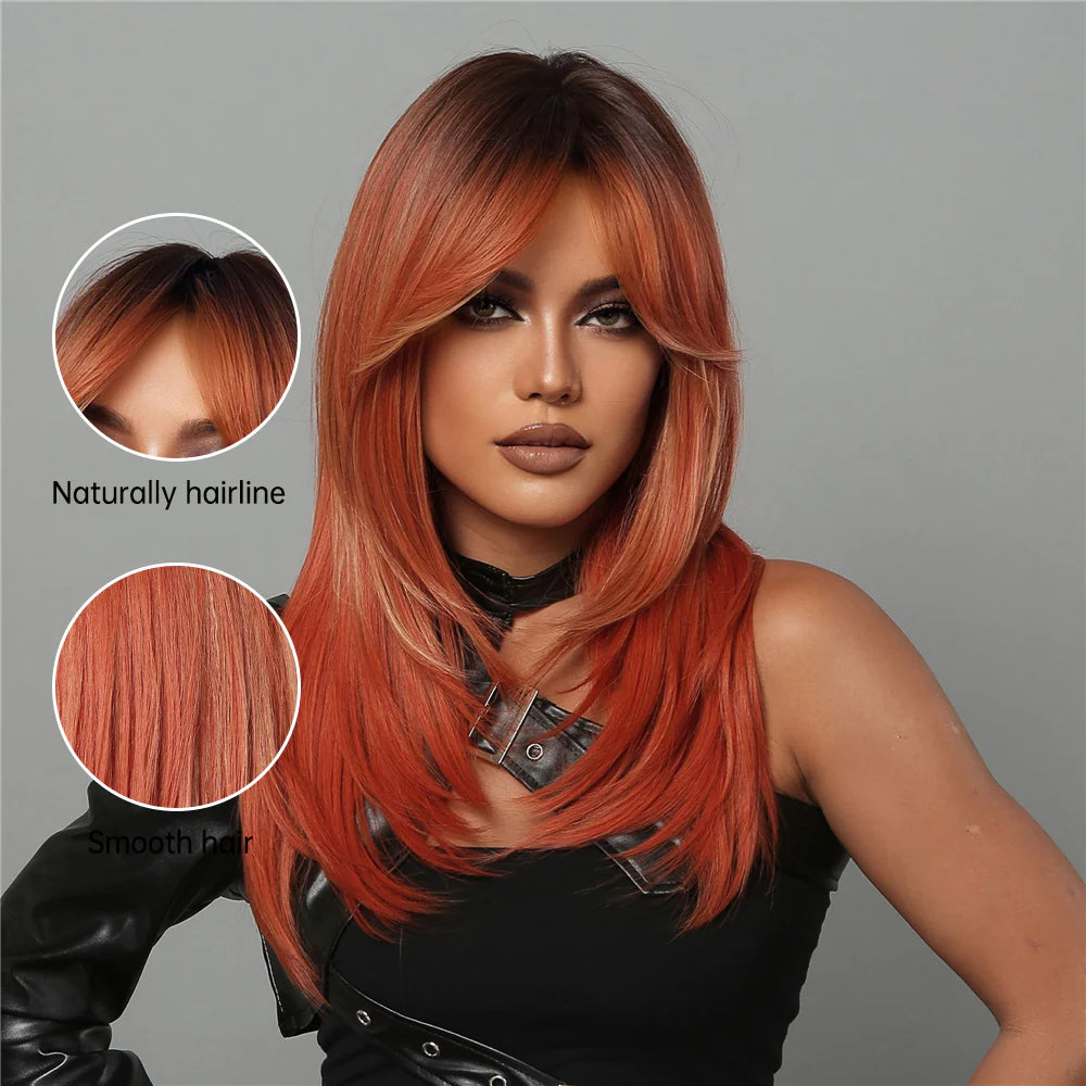 LC2068-2 22 Inches Long Straight Orange Ombre Black Layered Wigs Synthetic Wigs for Women for Daily or Cosplay Use