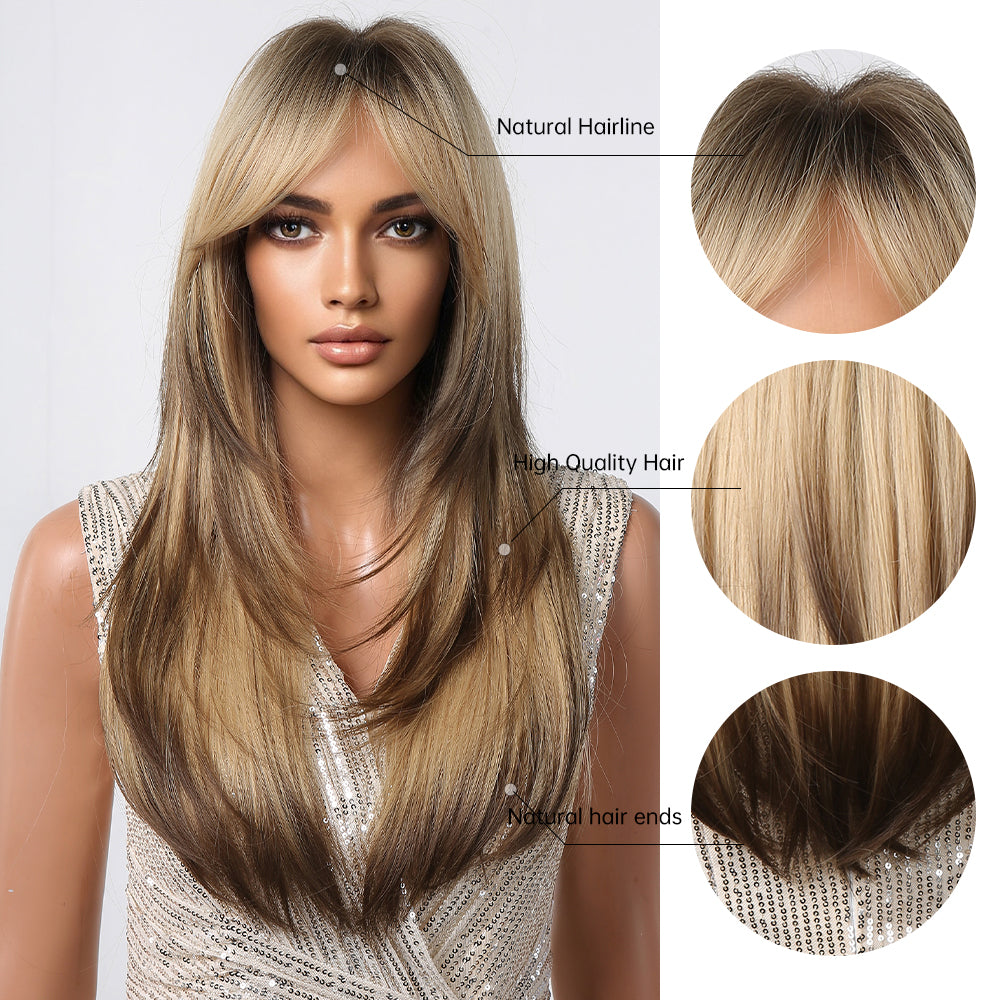 LC2068-13 22 Inches Long Straight Blonde Ombre Brown Layered Wigs with Bangs Synthetic Wigs for Women Daily Use Party or Cosplay Taking Photos