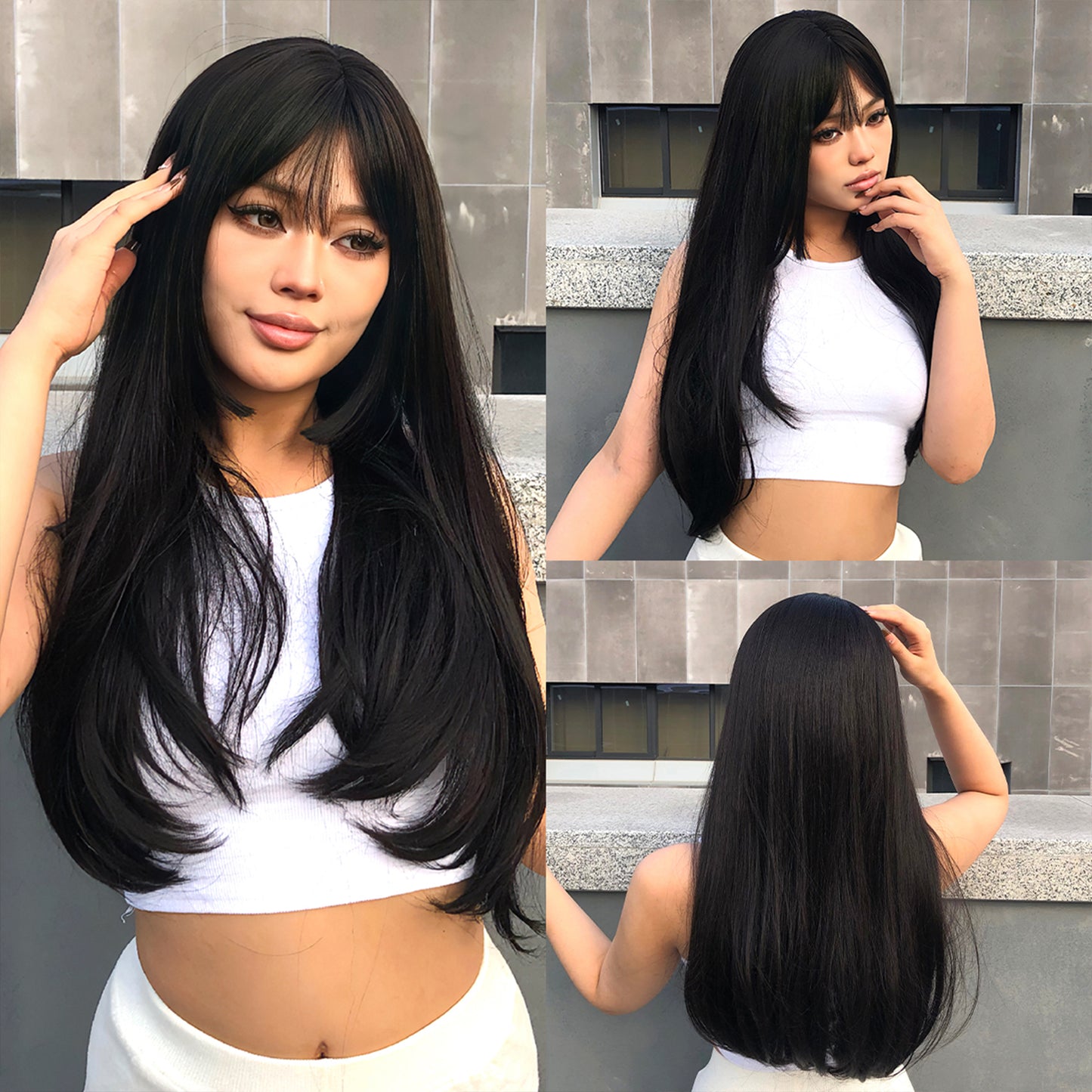 WL1053-1 24 Inches Long Straight Black Wigs with Bangs Women's Wigs for Daily,Party or Cosplay Use WL