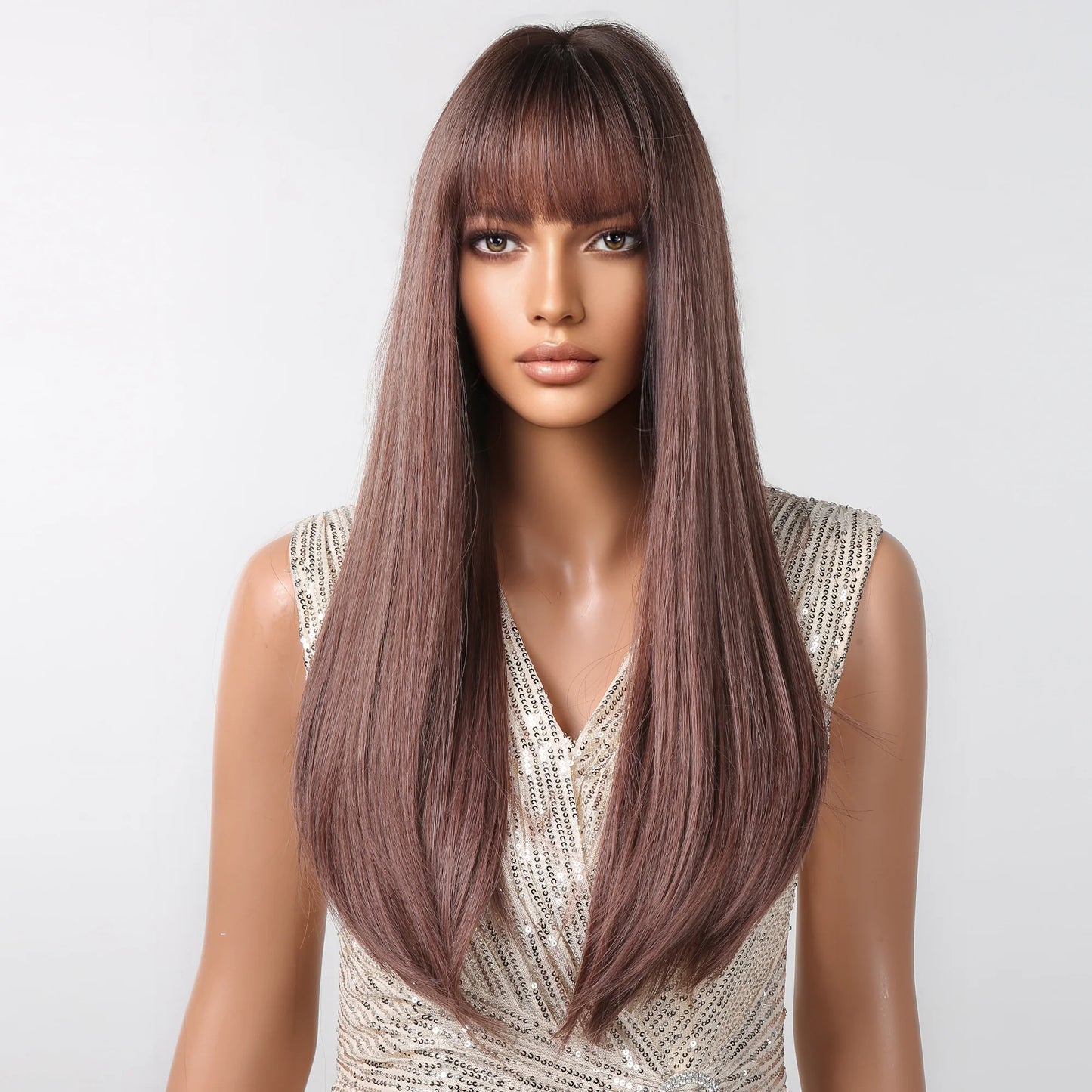 LC2096-3 28 Inch long straight wigs light brown wigs with bangs wigs