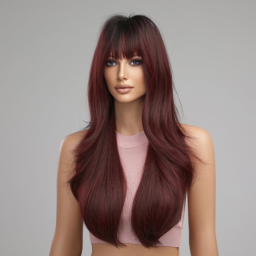 LC8074-1 26 Inches Long Curly Wine Red Wigs with Bangs Synthetic Wigs Women's Wigs for Daily or Cosplay Use
