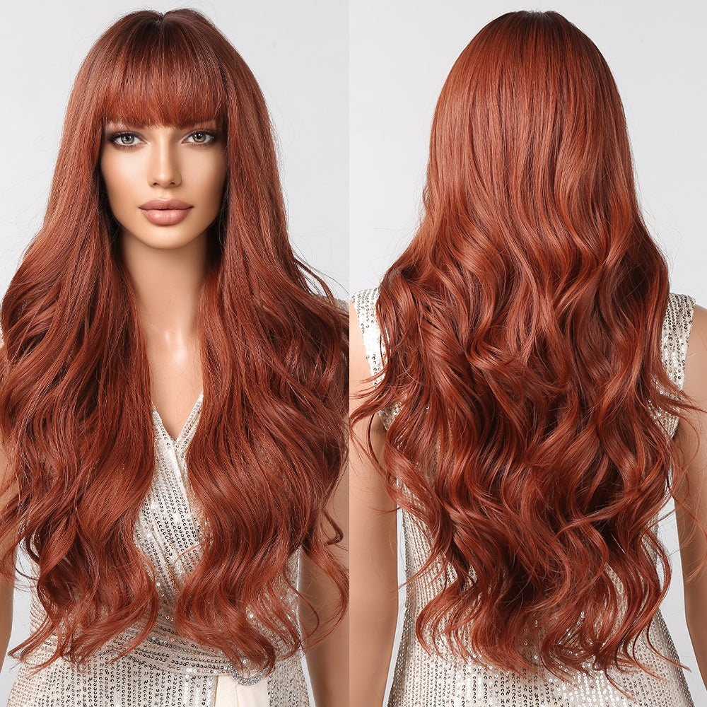 LC2097-2 30 Inch brown long curly wigs with bangs wigs for women
