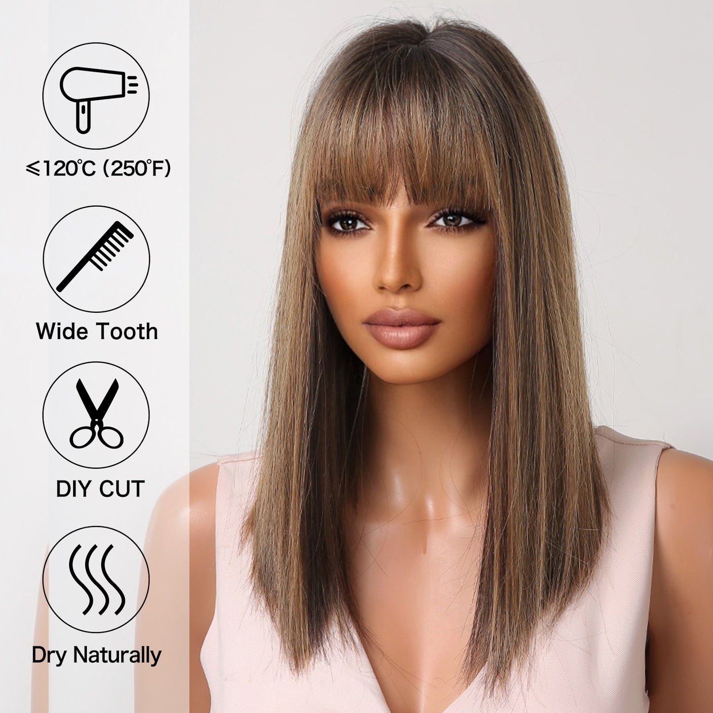 LC5225-1 16 inch Long straight black ombre blonde wigs with bangs wigs for women for daily life