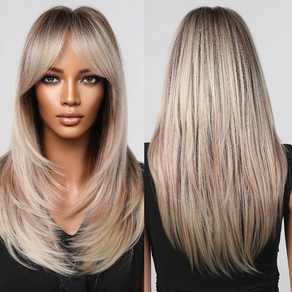 LC2068-12 20 Inches Long Straight Blonde Synthetic Wigs with Bangs Women's Wigs for Daily or Cosplay Use