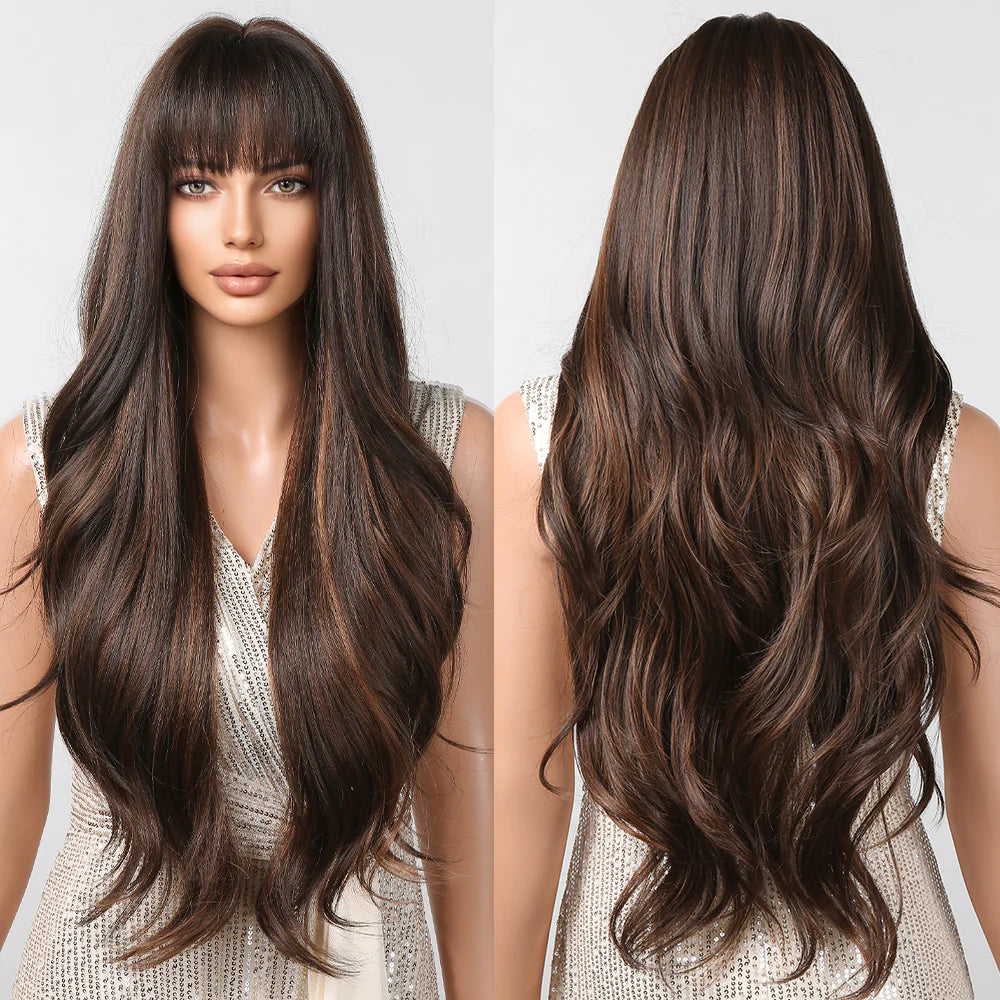 LC2094-3 28 Inches Long Curly Brown Wigs with Bangs Synthetic Wigs for Women Daily Use Party or Cosplay Taking Photos