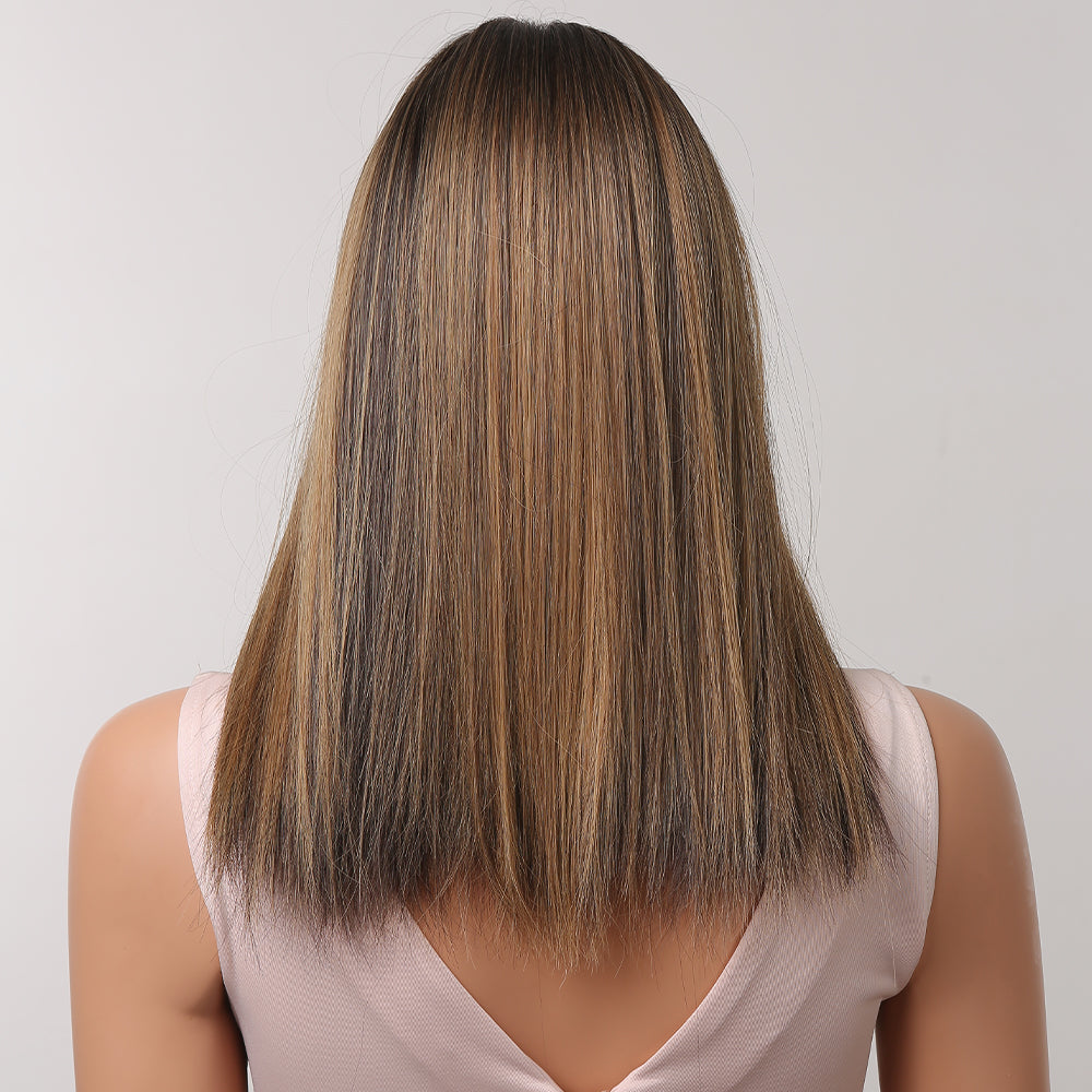 LC5225-1 16 inch Long straight black ombre blonde wigs with bangs wigs for women for daily life