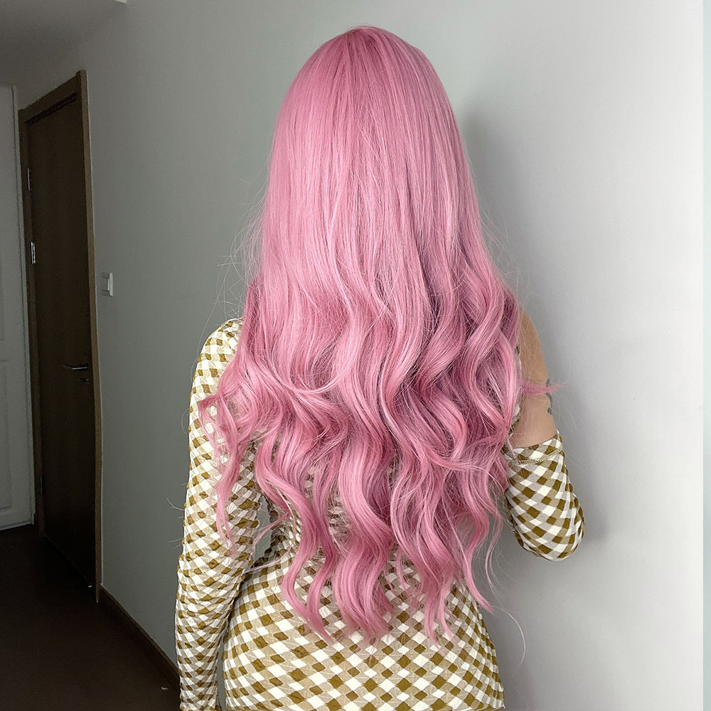 LC6124-1 24 Inches Long Curly Pink Wigs with Bangs and Black Roots Synthetic Wigs Women's Wigs for Daily or Cosplay Use