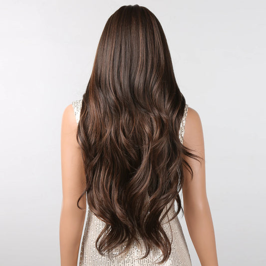 LC2094-3 28 Inches Long Curly Brown Wigs with Bangs Synthetic Wigs for Women Daily Use Party or Cosplay Taking Photos