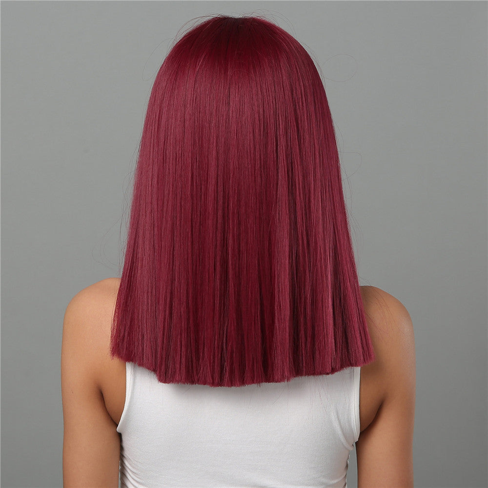 LC2072-1 18 Inch Long Straight Wine Red Wigs with Bangs Wigs for Women