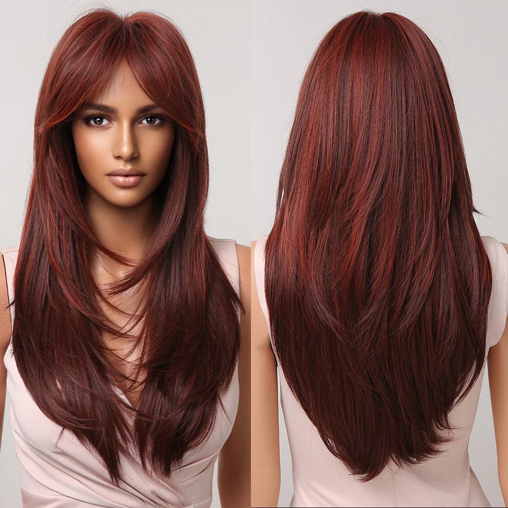 LC2068-3 22 Inch-long red straight wigs with bangs wigs for women