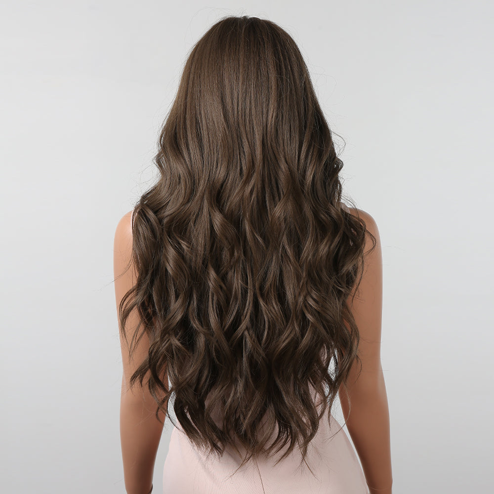 LC2088-2 30 Inch deep brown long curly wigs with bangs wigs for women