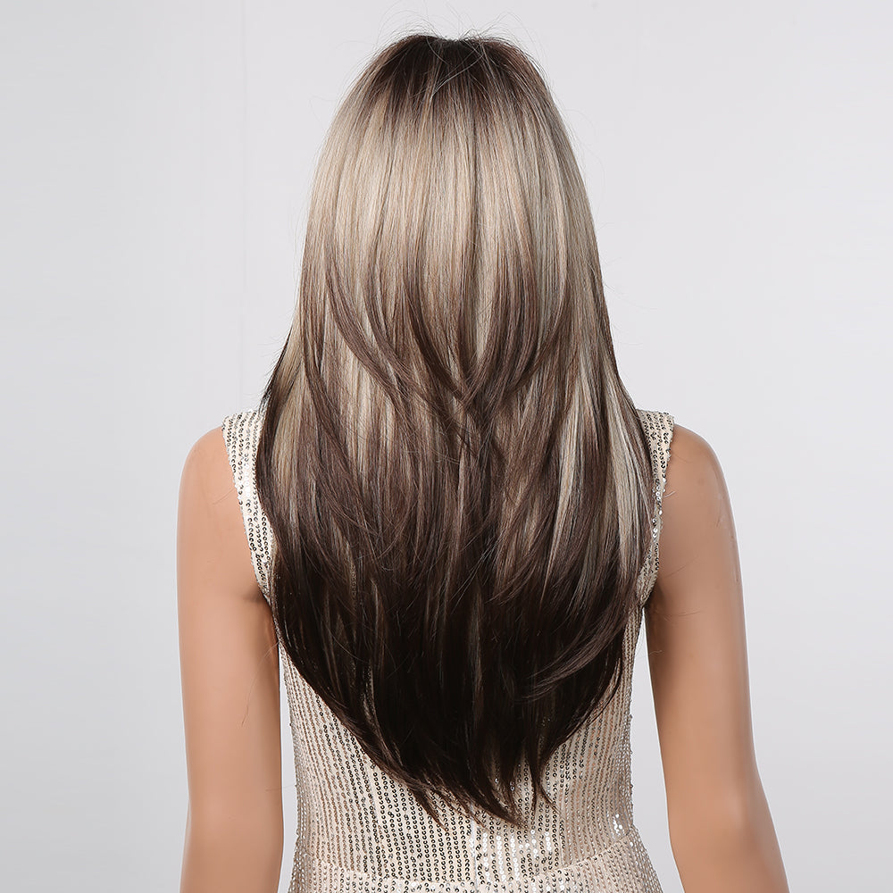 LC2068-11 22 Inches Long Straight Ivory Ombre Black Layered Wigs Synthetic Wigs for Women for Daily or Cosplay Use