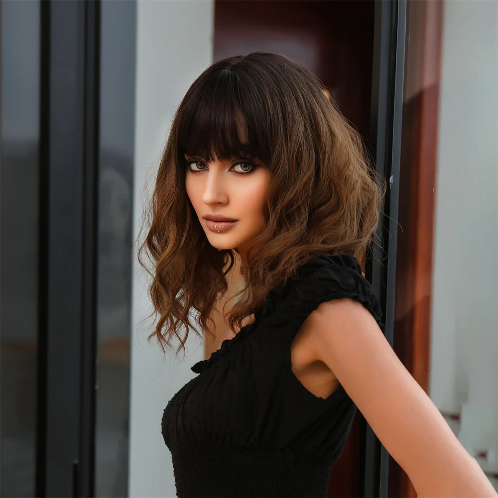 WL1076-1 18 Inches Long Curly Black Ombre Brown Blonde Wigs Synthetic Wigs Women's Wigs for Daily or Cosplay Use