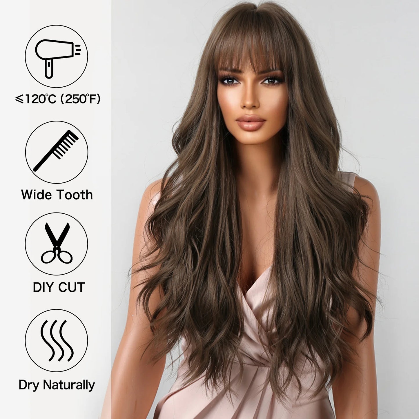 LC2088-2 30 Inch deep brown long curly wigs with bangs wigs for women