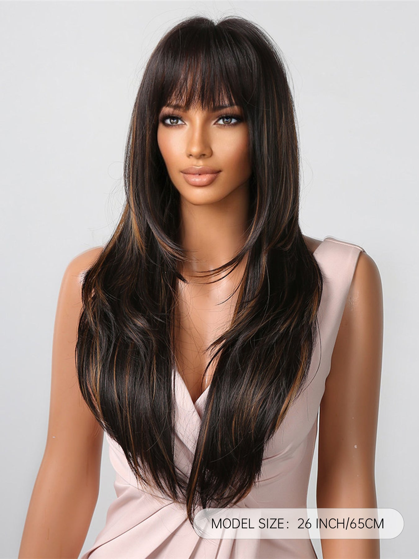 LC2082-1 24 Inches Long Straight Black Wigs with Bangs and Blonde Highlight Layered Wigs Synthetic Wigs for Women for Daily or Cosplay Use