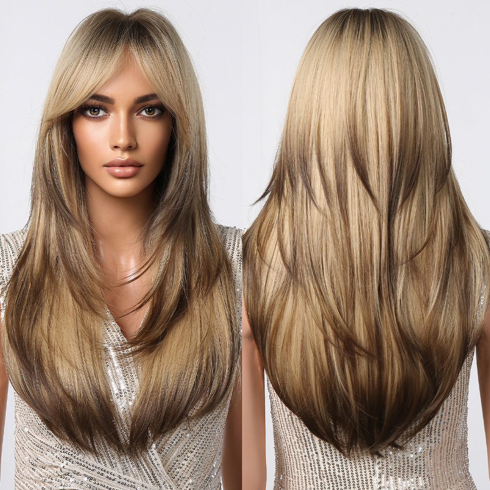 LC2068-13 22 Inches Long Straight Blonde Ombre Brown Layered Wigs with Bangs Synthetic Wigs for Women Daily Use Party or Cosplay Taking Photos