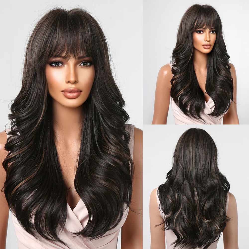 LC2090-1 26 Inches Long Curly BlackWigs with Bangs Synthetic Wigs Women's Wigs for Daily or Cosplay Use