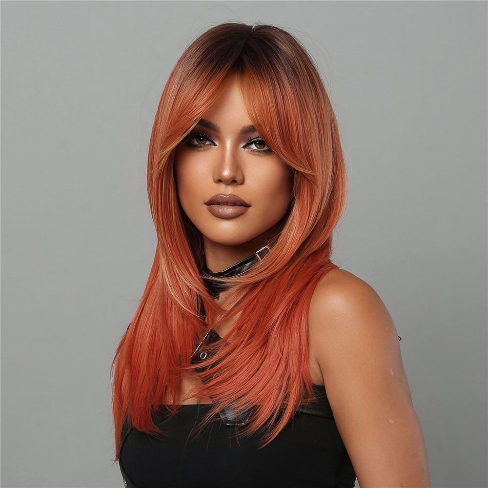 LC2068-2 22 Inches Long Straight Orange Ombre Black Layered Wigs Synthetic Wigs for Women for Daily or Cosplay Use