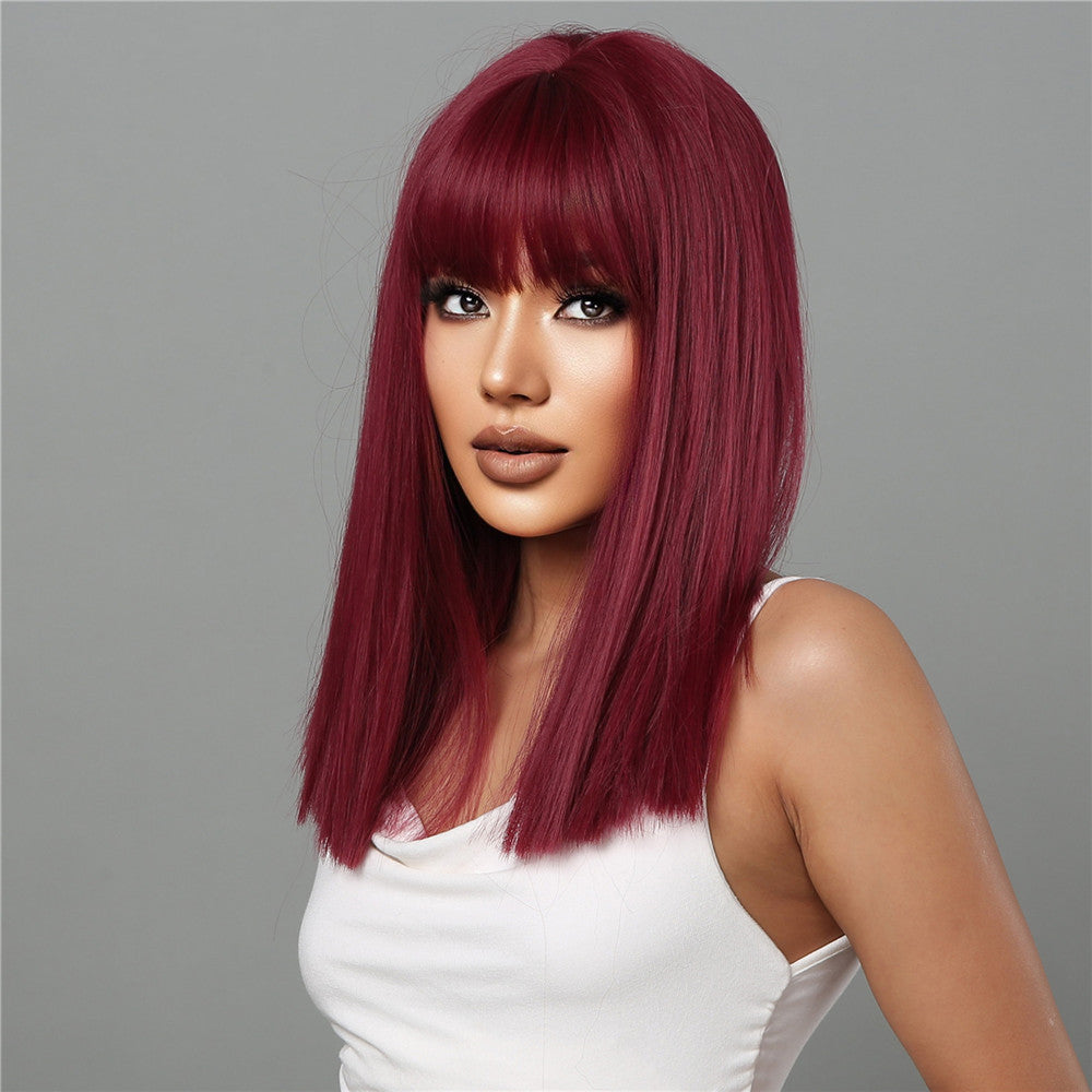 LC2072-1 18 Inch Long Straight Wine Red Wigs with Bangs Wigs for Women