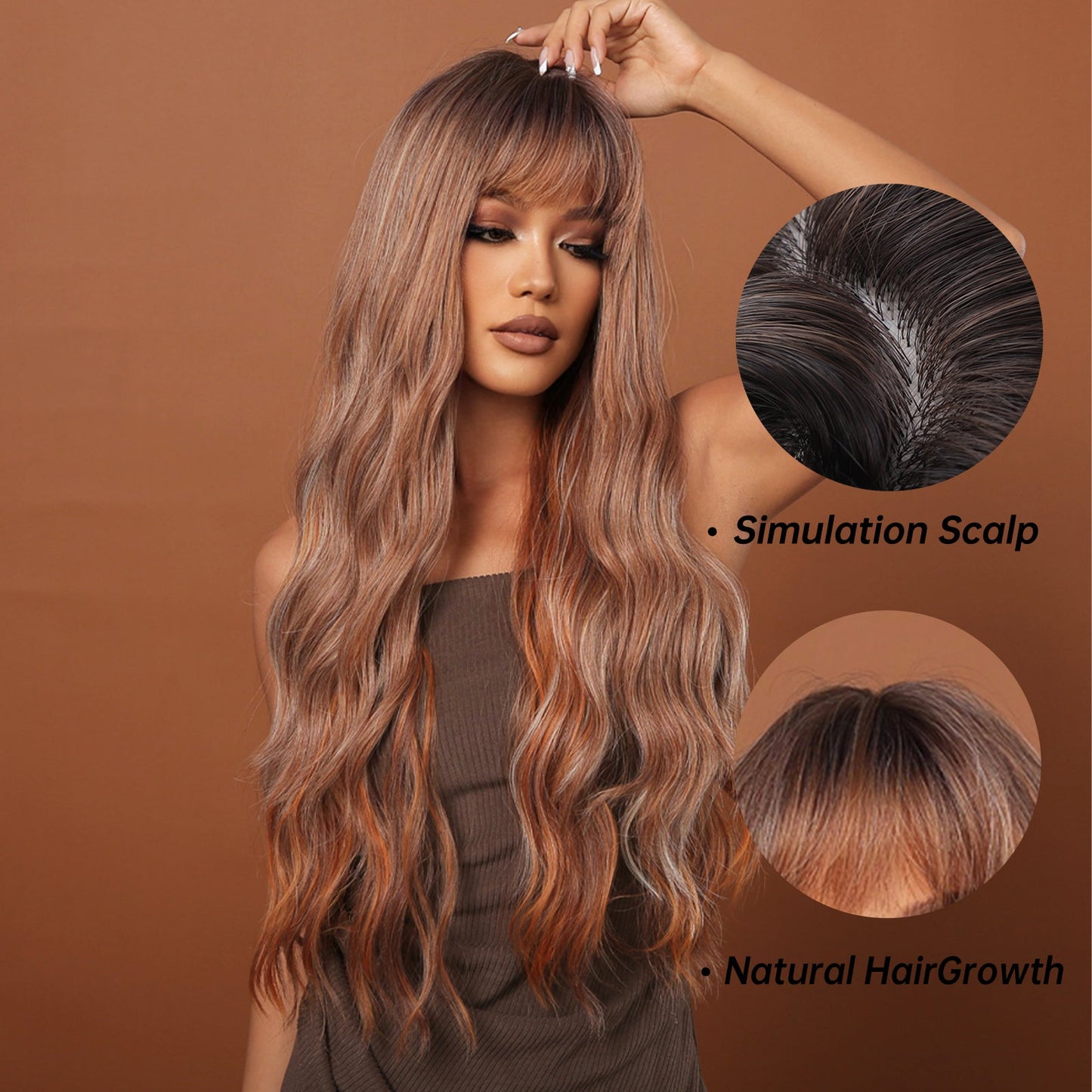 LC2039-1 28 Inches Long Curly Brown and Blonde Mixed Wigs Synthetic Wigs Women's Wigs for Daily Use Party or Cosplay Taking Photos