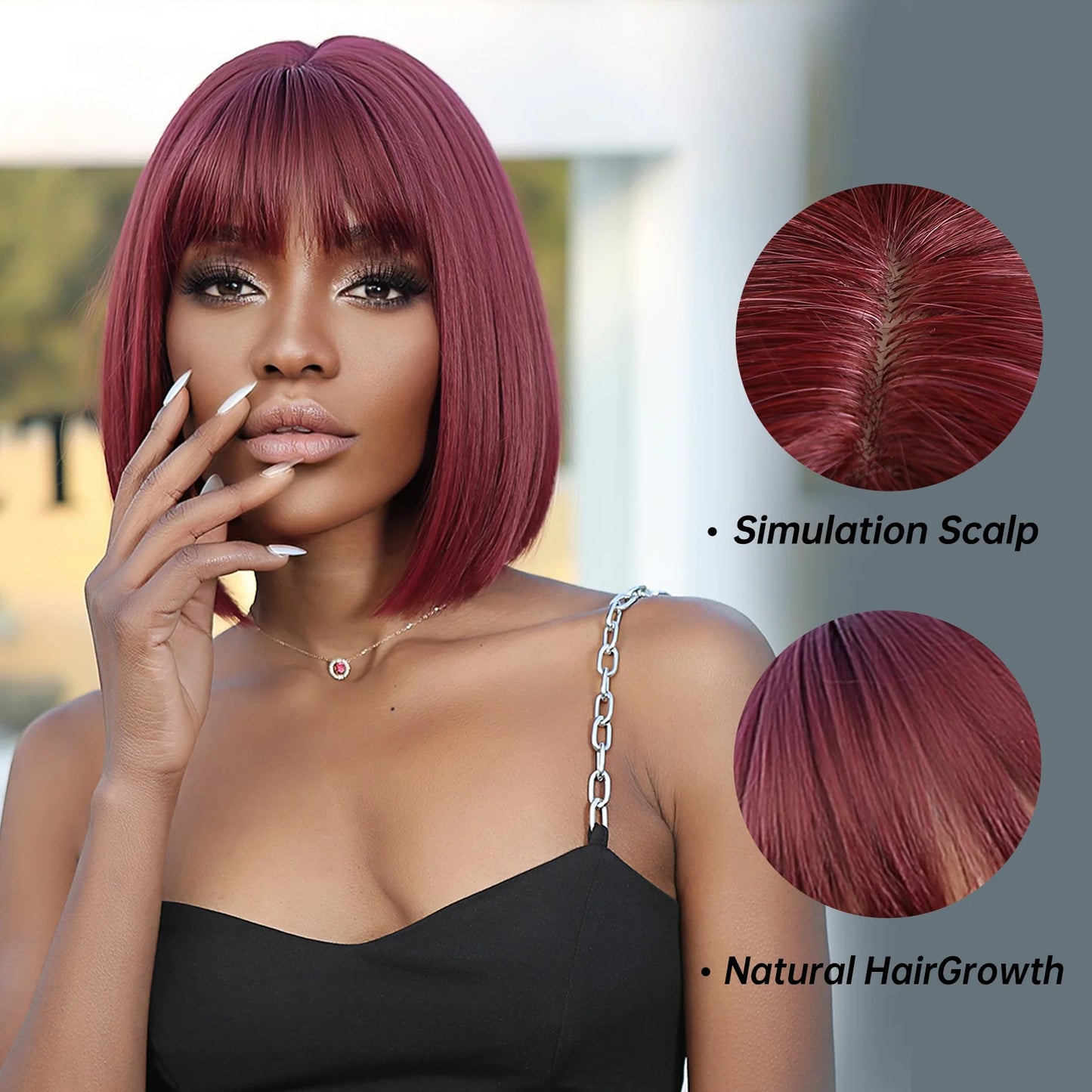 LC2071-1 12 Inches Short Straight Wine Red Bobo Wigs Synthetic Fiber Wigs Women's Wigs Daily Use for Party or Cosplay Photos