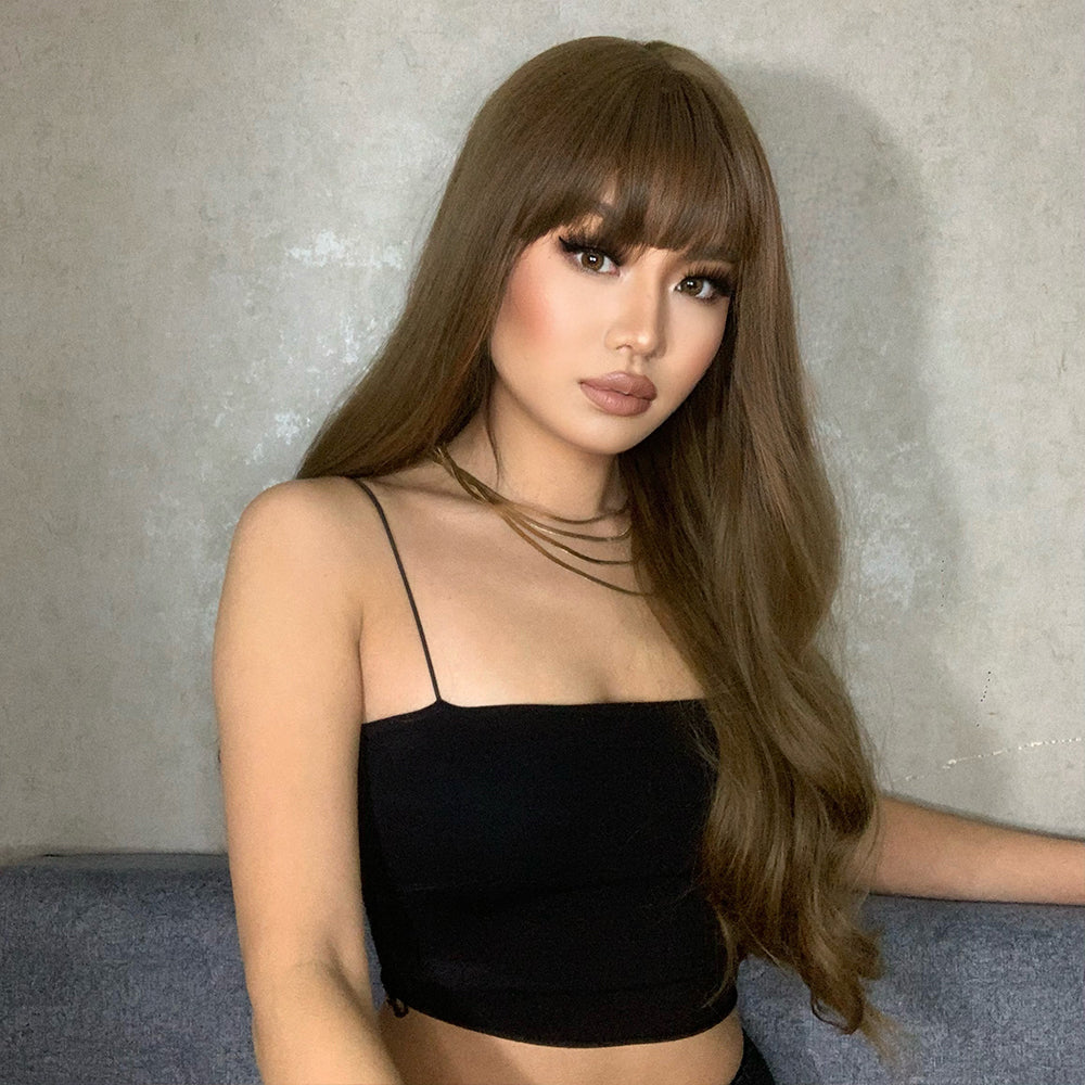 LC6103-1 Long curly wigs light brown with bangs wigs for women for daily life