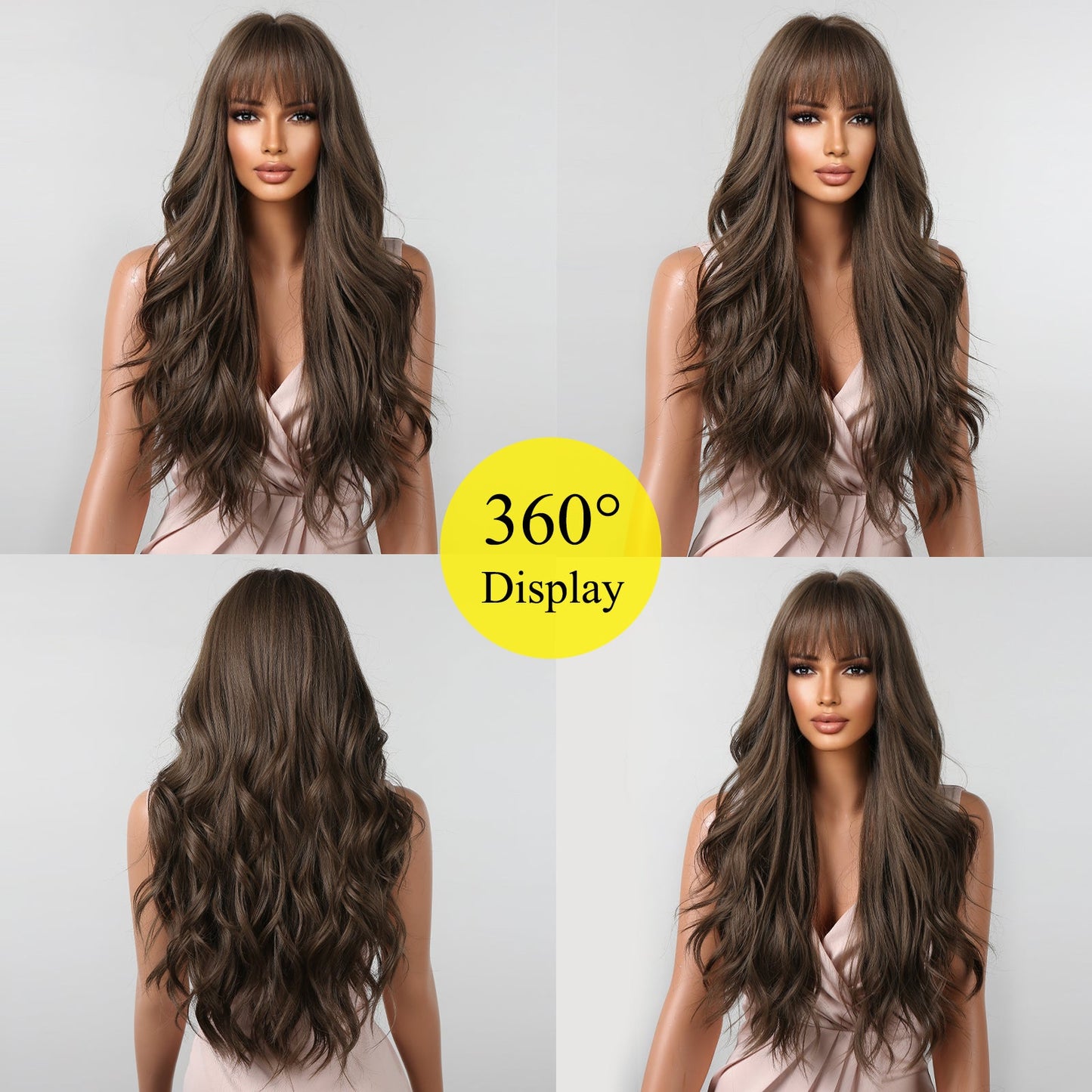 LC2088-2 30 Inch deep brown long curly wigs with bangs wigs for women