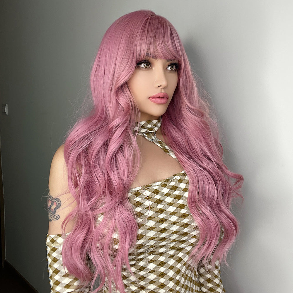 LC6124-1 24 Inches Long Curly Pink Wigs with Bangs and Black Roots Synthetic Wigs Women's Wigs for Daily or Cosplay Use