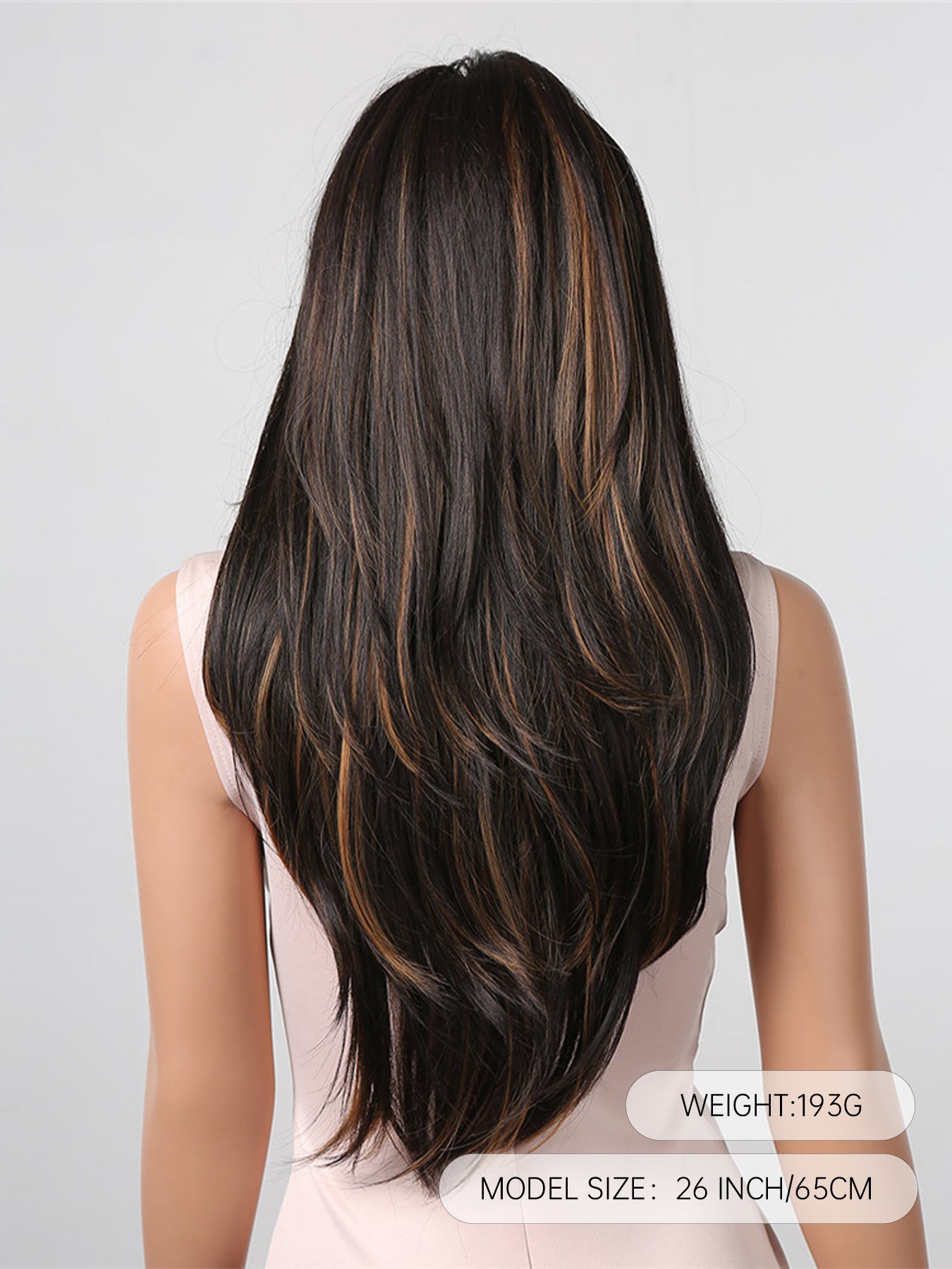 LC2082-1 24 Inches Long Straight Black Wigs with Bangs and Blonde Highlight Layered Wigs Synthetic Wigs for Women for Daily or Cosplay Use