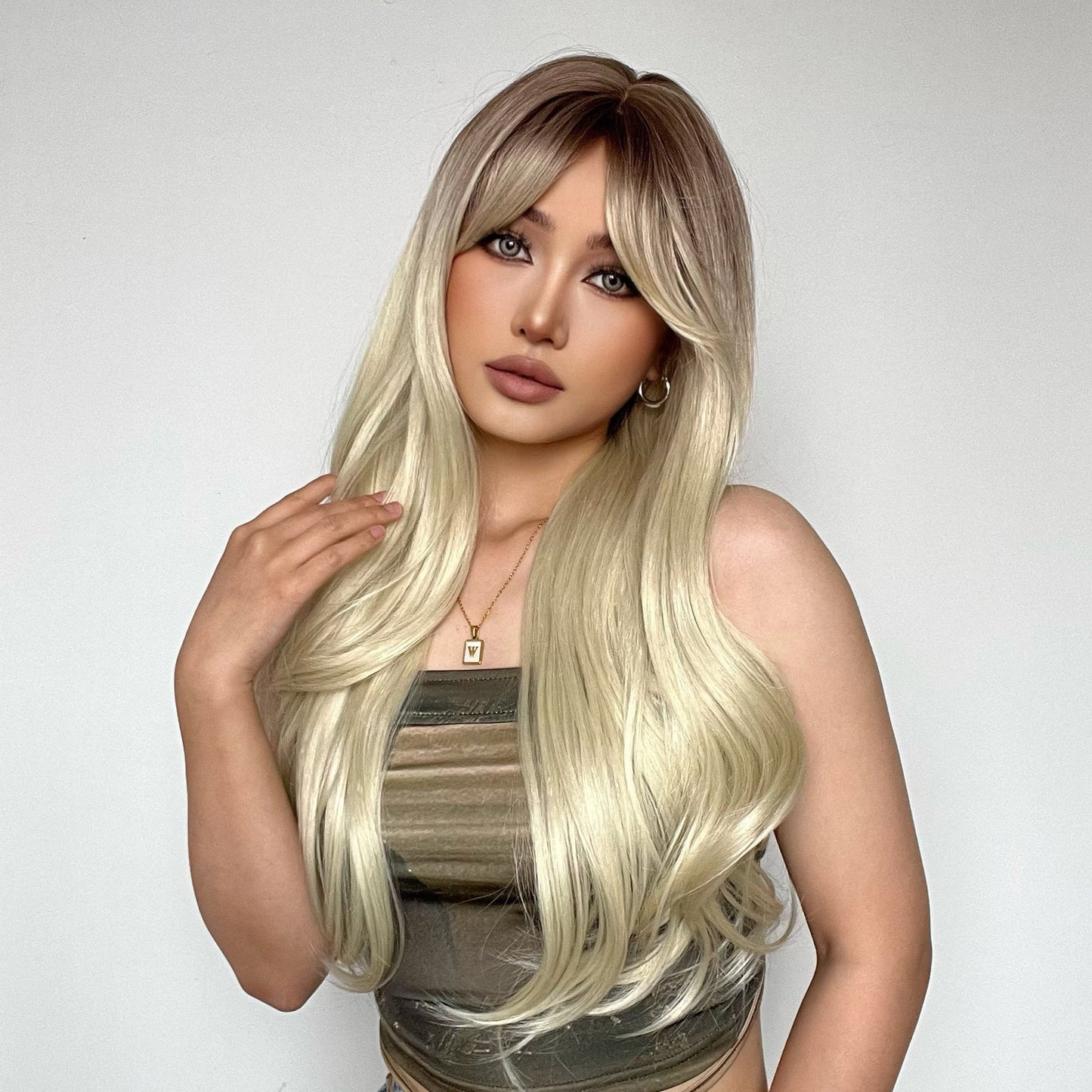 LC018-1 26 Inches Long Curly  Blonde Wigs with Bangs Wigs for Women Daily or Cosplay Use