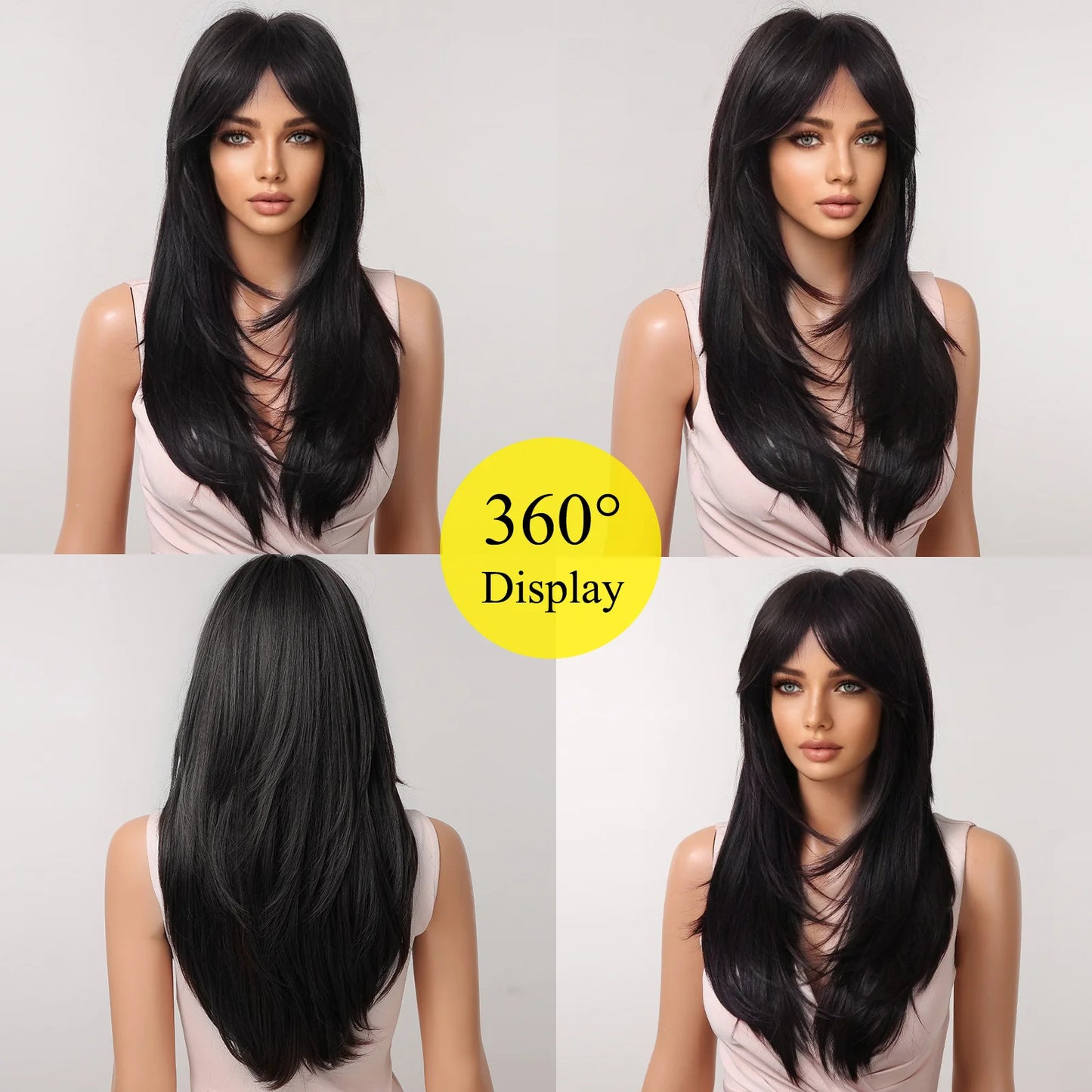 LC2068-8 22 Inches Long Straight Black Wigs Layered Wigs Synthetic Wigs for Women for Daily or Cosplay Use