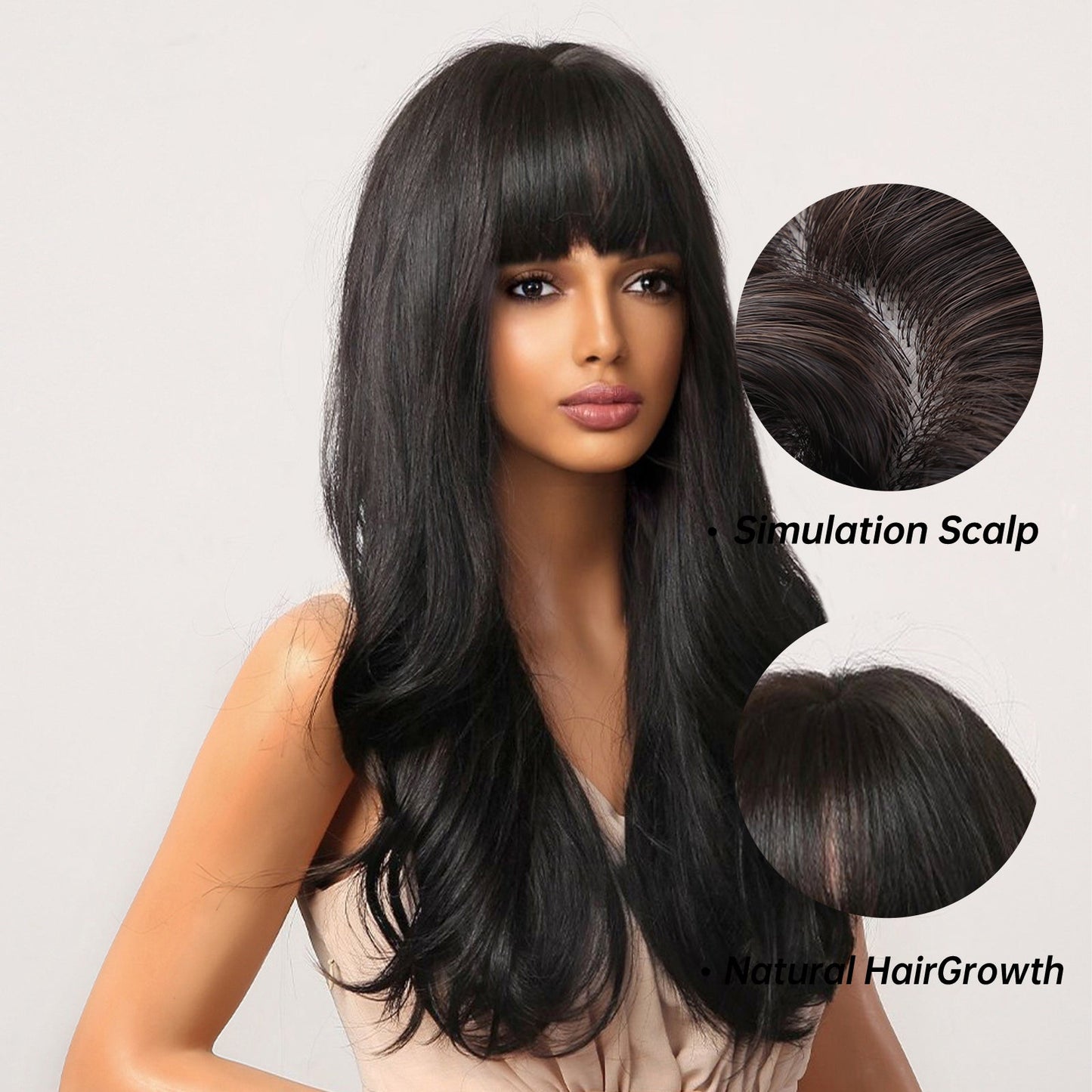 LC2051-1 26 Inches Long Curly BlackWigs with Bangs Synthetic Wigs Women's Wigs for Daily or Cosplay Use