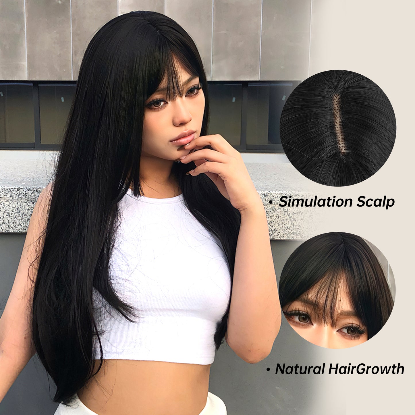 WL1053-1 24 Inches Long Straight Black Wigs with Bangs Women's Wigs for Daily,Party or Cosplay Use WL