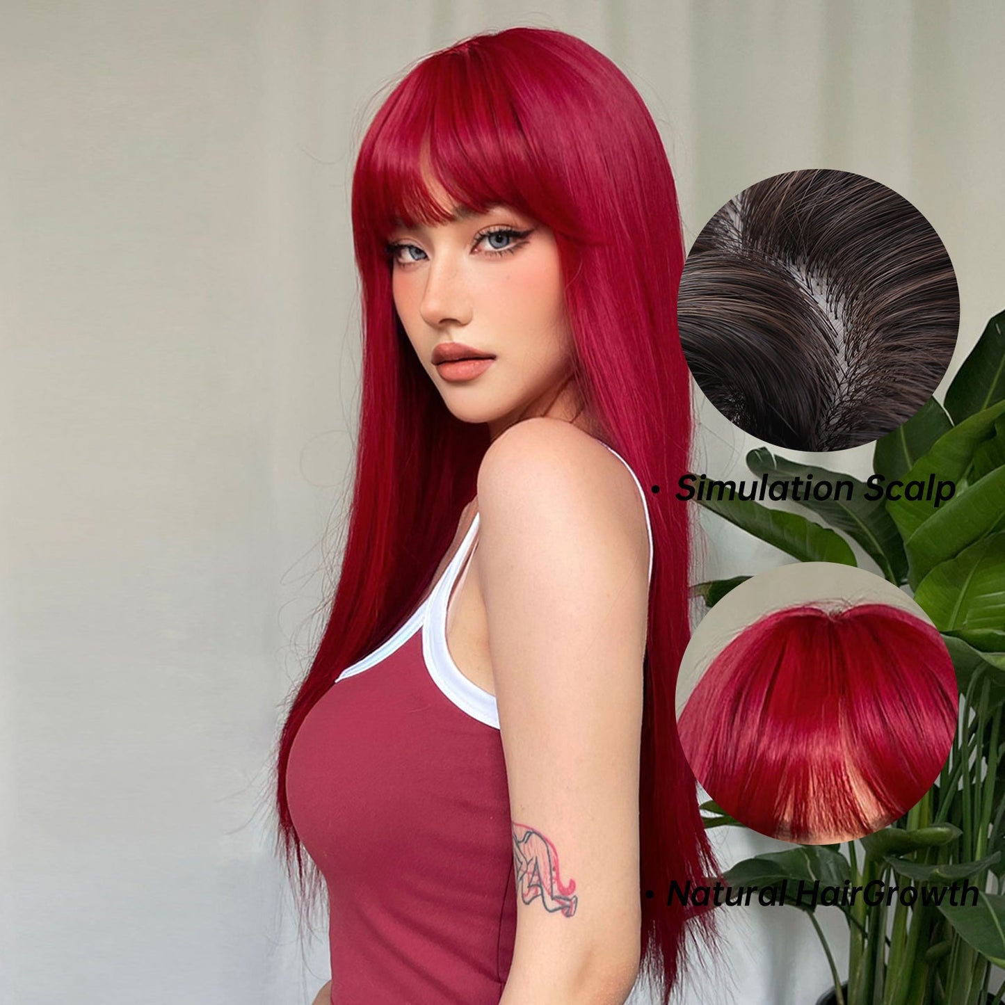 WL1084-1 18 Inch long straight wigs red with bangs wigs for women