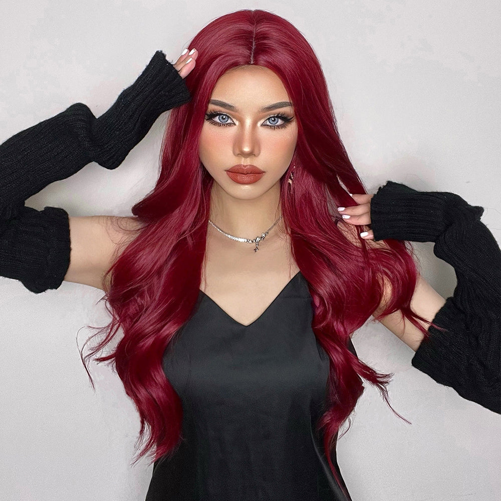 LC6144-1 24 Inches Long Curly Wine Red Wigs Synthetic Wigs Women's Wigs for Daily Use,Cosplay or Party Taking Photos