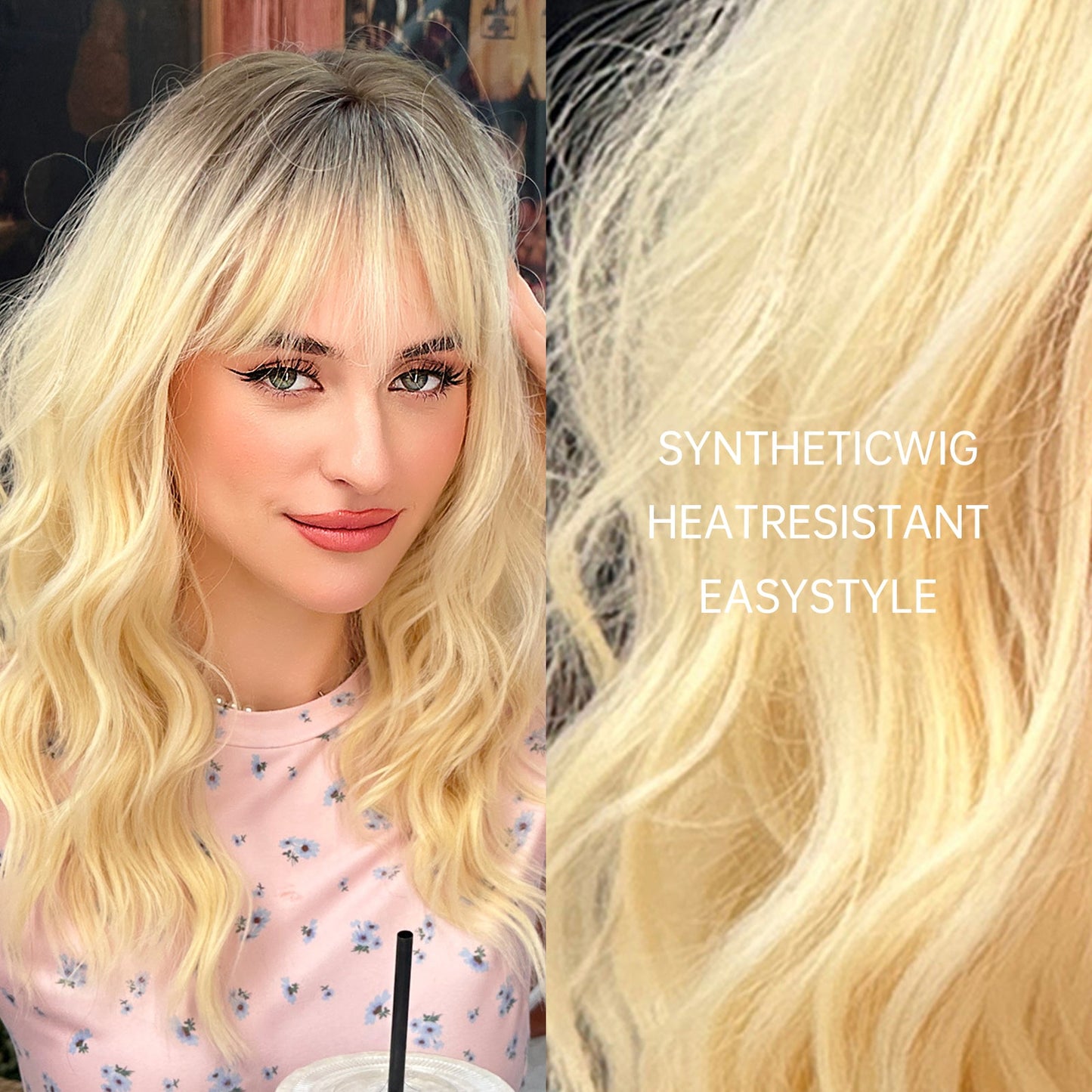 LC290-1 24 Inches Long Platinum Wigs with Bangs Synthetic Wigs Women's Wigs for Daily Use Party or Cosplay Taking Photos