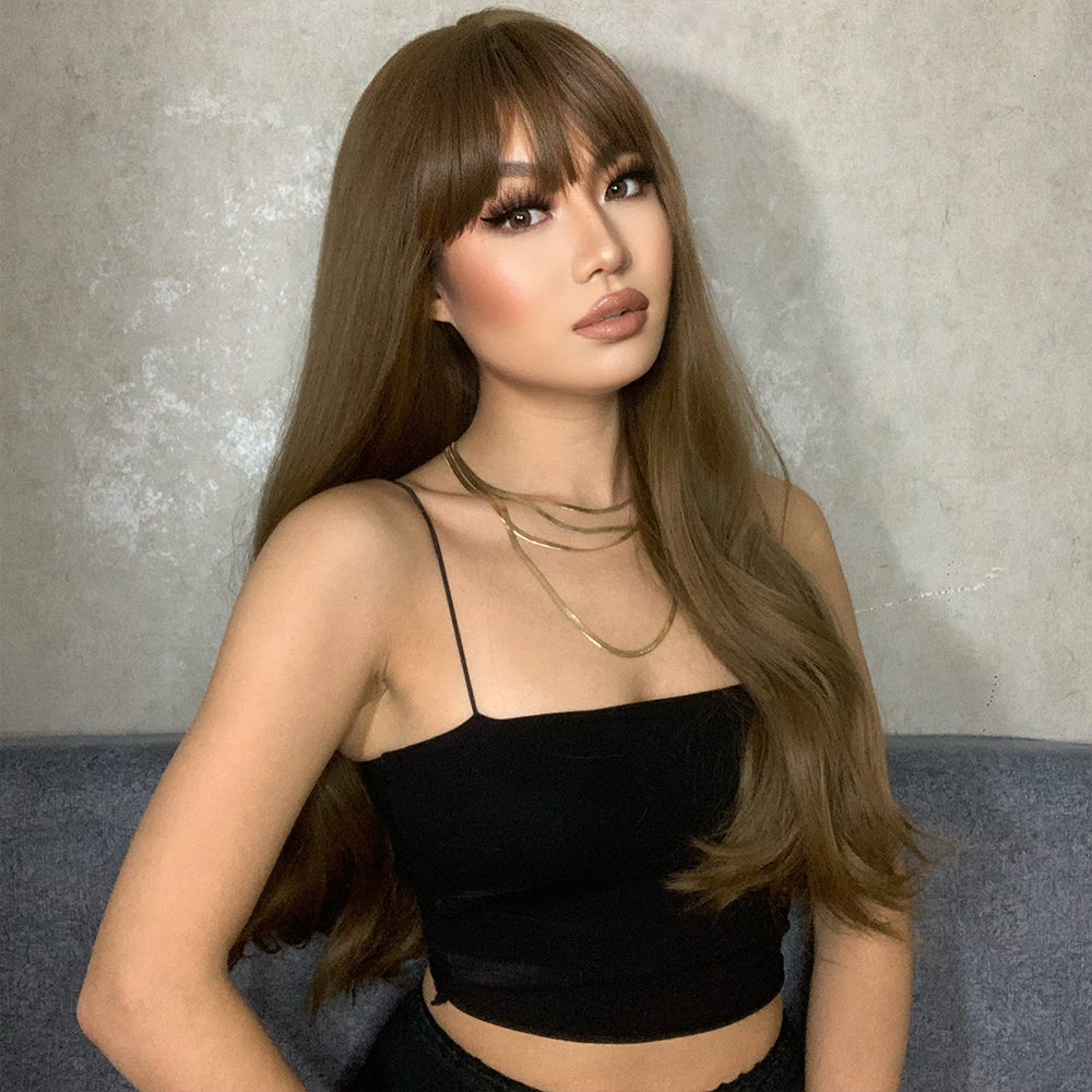 LC6103-1 Long curly wigs light brown with bangs wigs for women for daily life