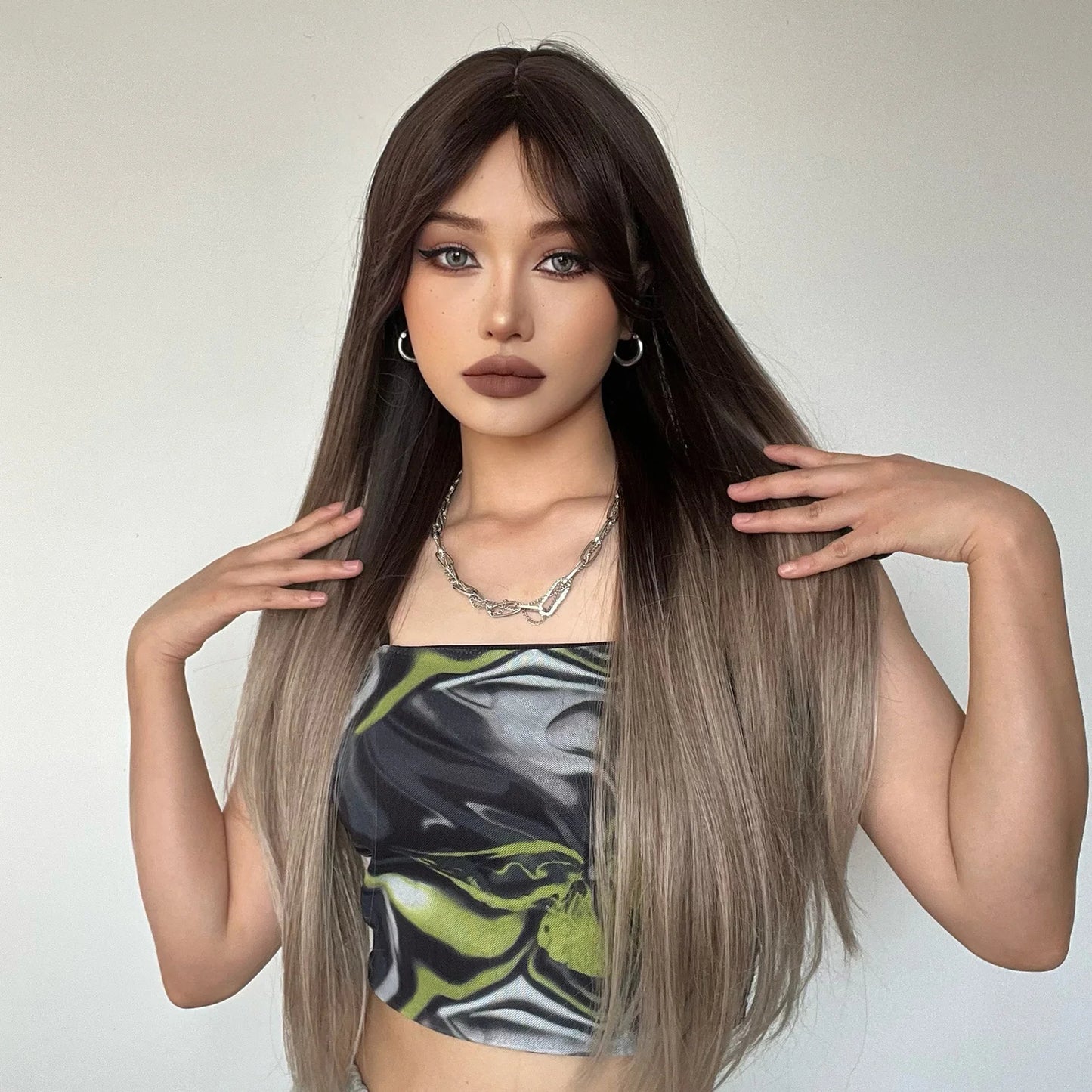 LC267 26 inch Long straight brown ombre blonde wigs with bangs wigs for women for daily life